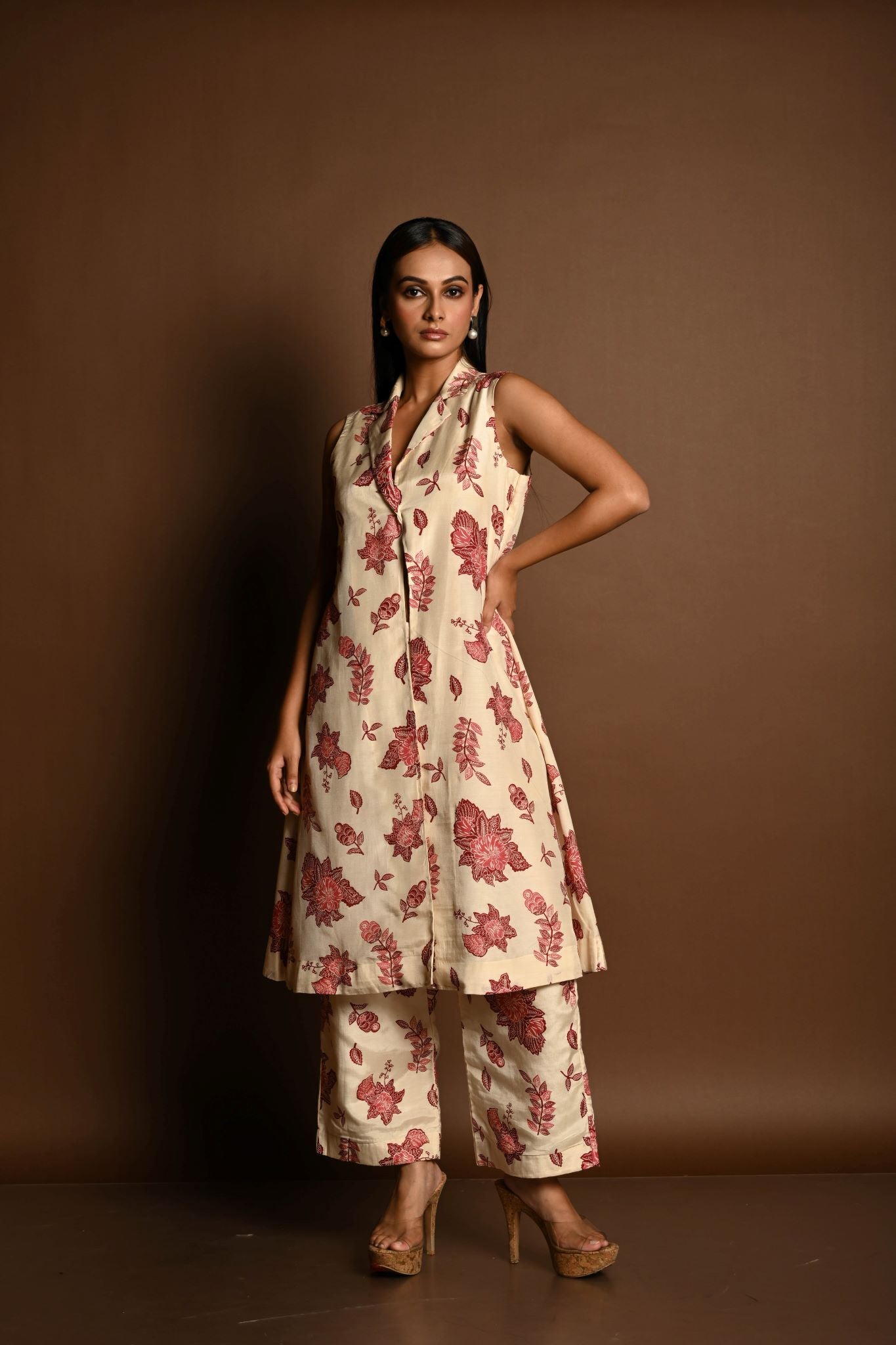 Red and White Printed Long Jacket and Pant Set - Anvi Couture