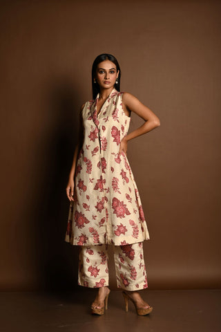 Red and White Printed Long Jacket and Pant Set