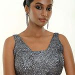 Grey Sequin Sleeveless Blouse with Scoop Neckline - Anvi Couture