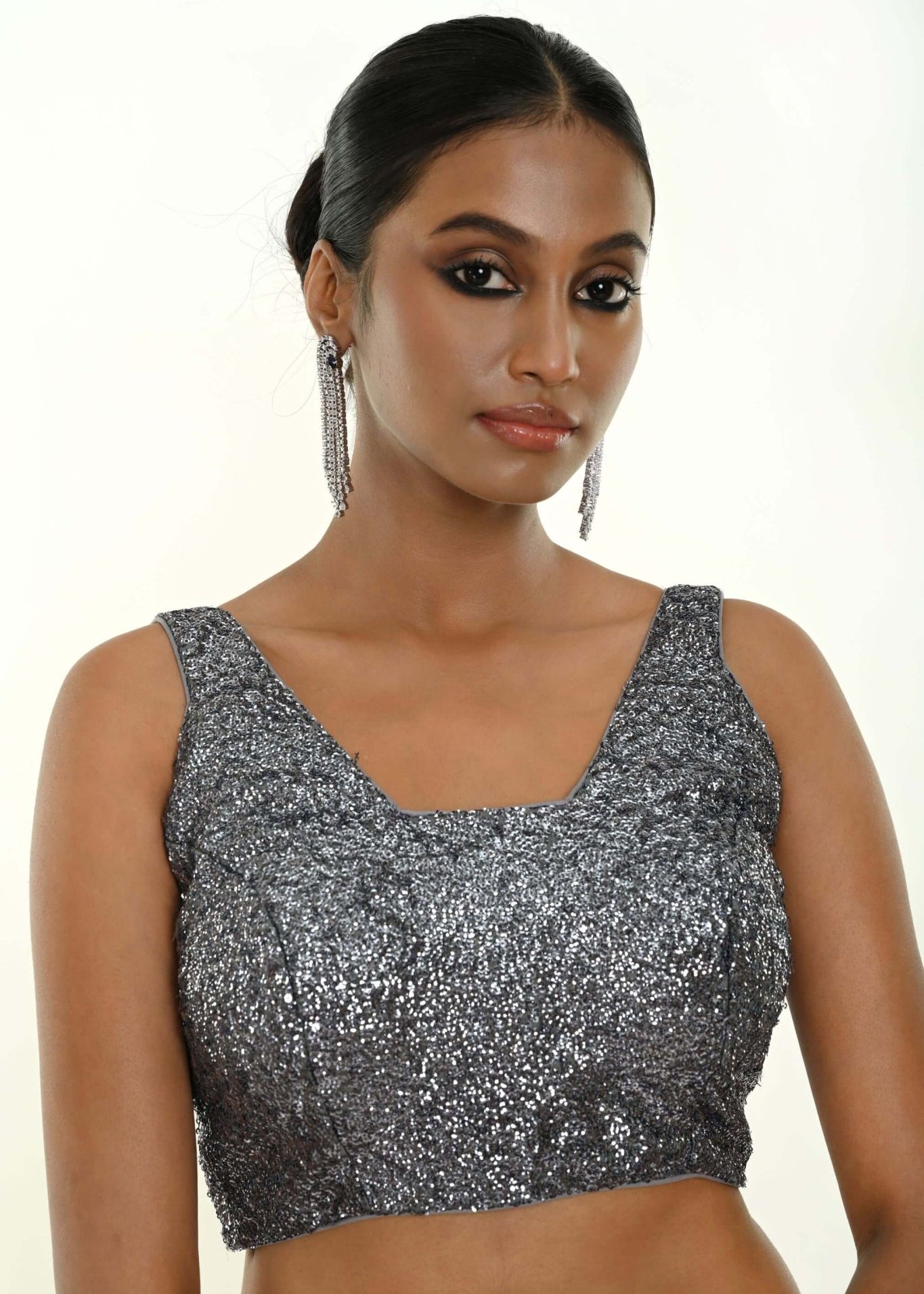 Grey Sequin Sleeveless Blouse with Scoop Neckline - Anvi Couture