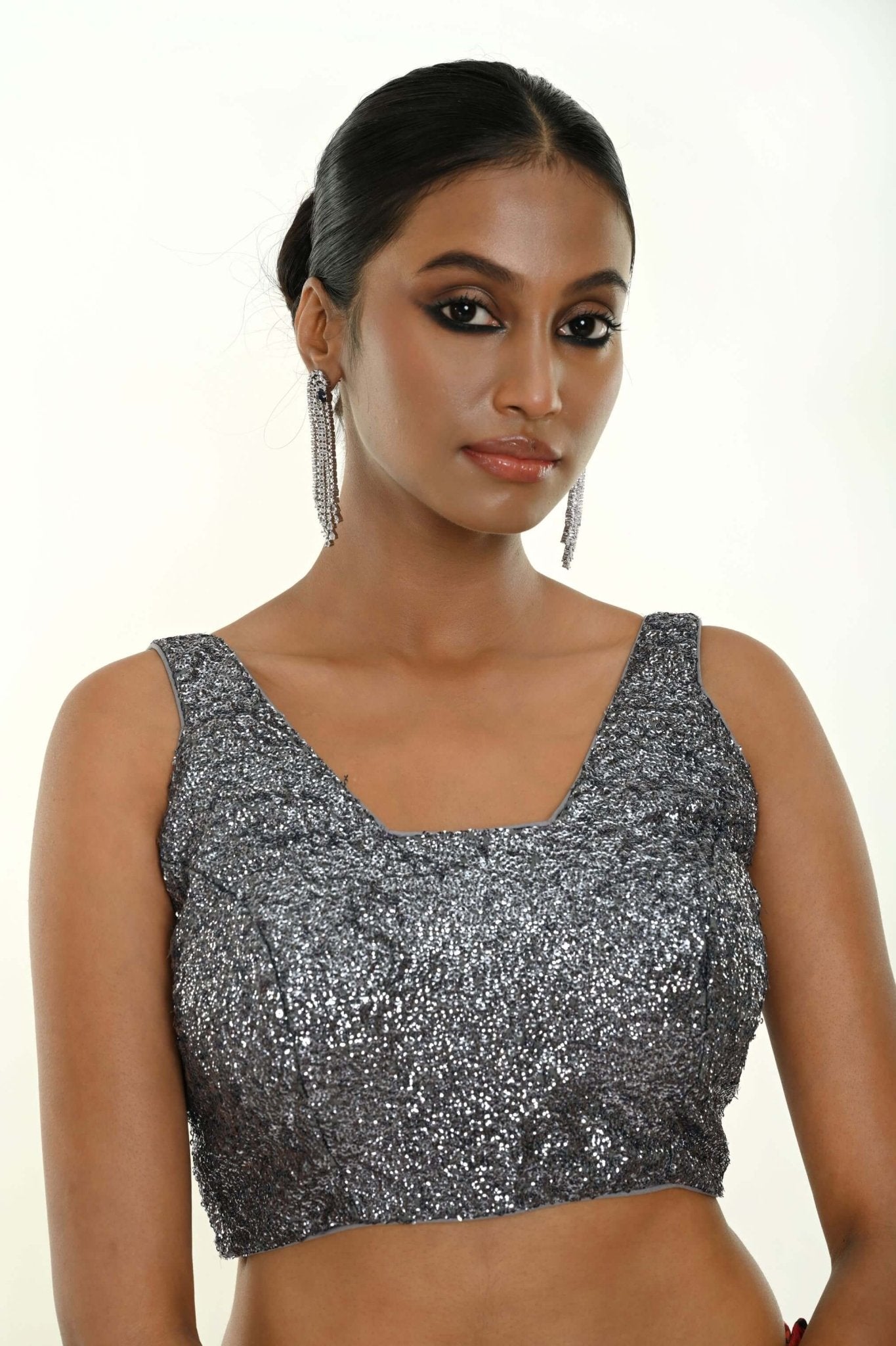 Grey Sequin Sleeveless Blouse with Scoop Neckline - Anvi Couture