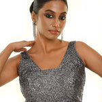 Grey Sequin Sleeveless Blouse with Scoop Neckline - Anvi Couture