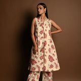 Red and White Printed Long Jacket and Pant Set - Anvi Couture