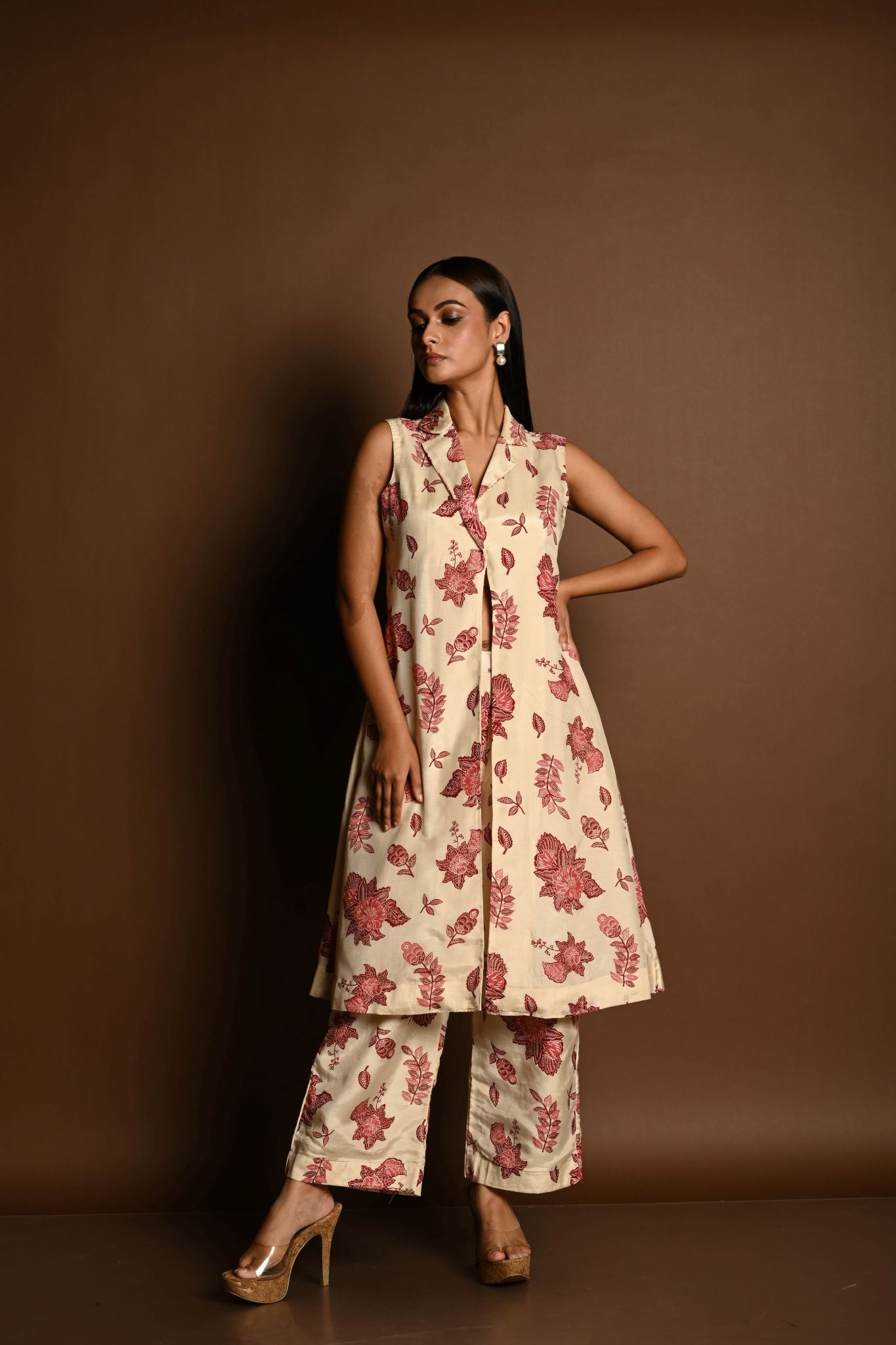 Red and White Printed Long Jacket and Pant Set - Anvi Couture