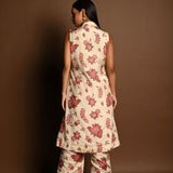 Red and White Printed Long Jacket and Pant Set - Anvi Couture