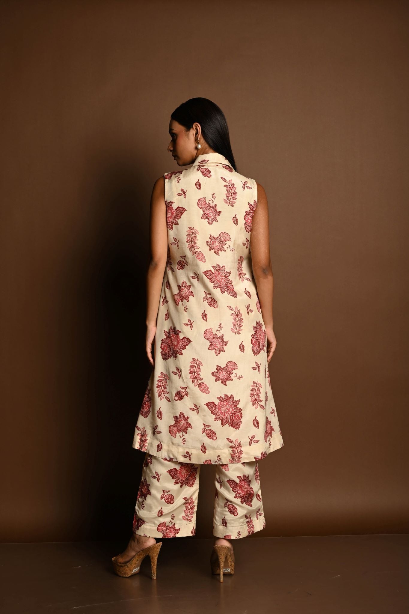 Red and White Printed Long Jacket and Pant Set - Anvi Couture