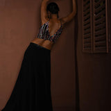Black Long Dress with Multicolor Embroidery and Side Cutouts - Anvi Couture