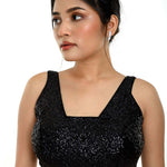 Black Sequin Sleeveless Blouse with Scoop Neckline - Anvi Couture