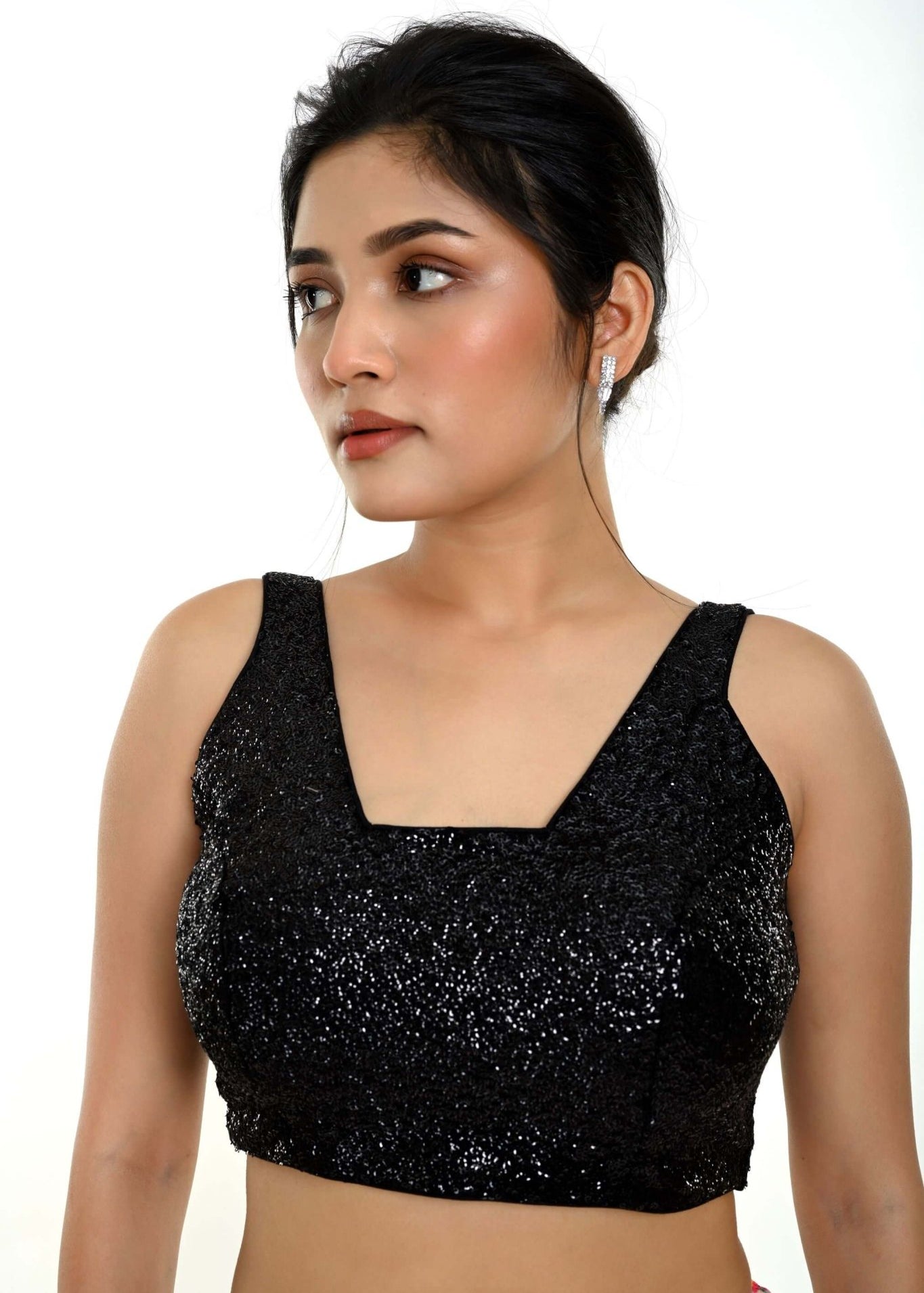 Black Sequin Sleeveless Blouse with Scoop Neckline - Anvi Couture