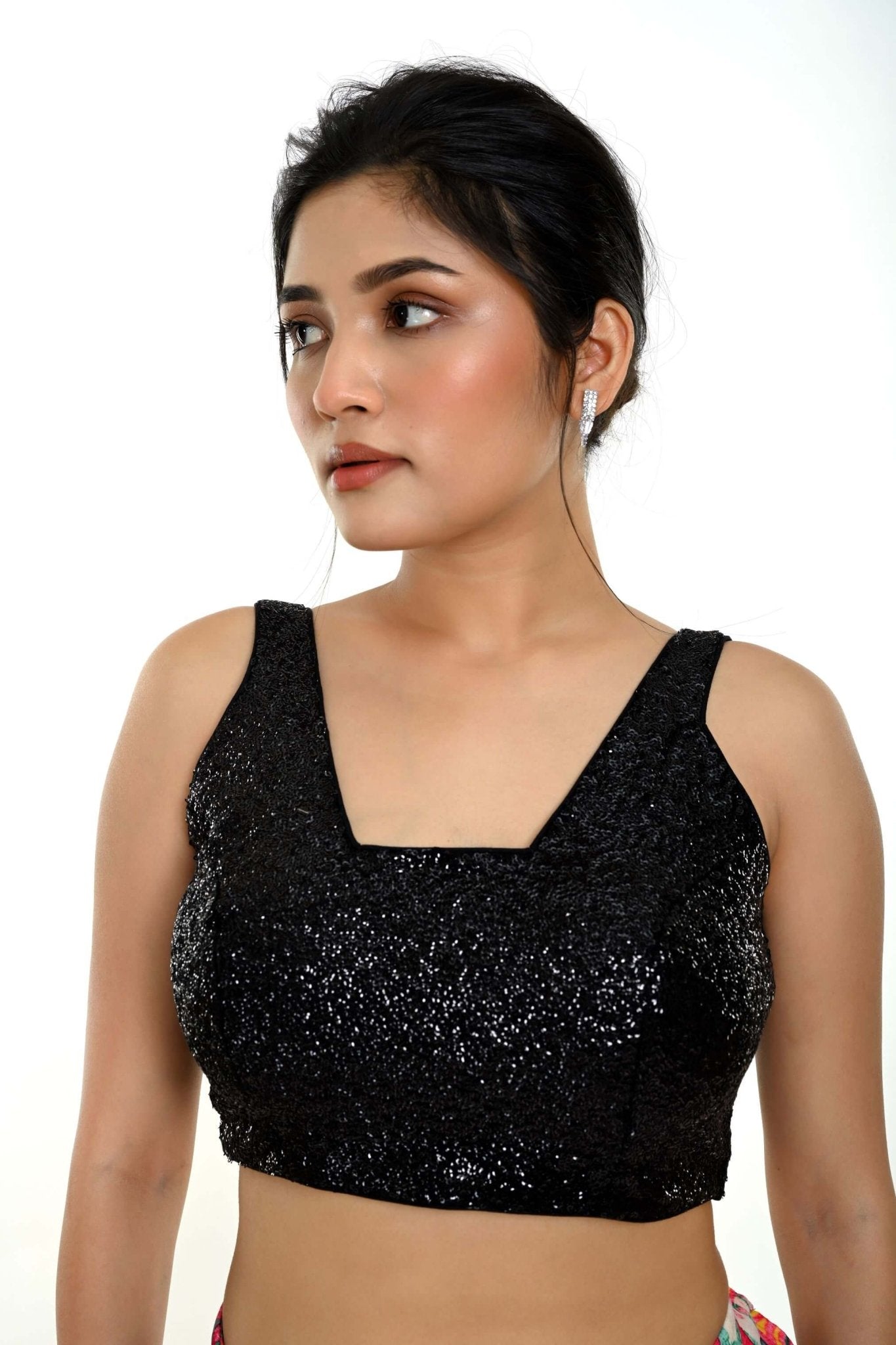 Black Sequin Sleeveless Blouse with Scoop Neckline - Anvi Couture