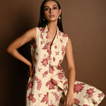 Red and White Printed Long Jacket and Pant Set - Anvi Couture