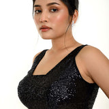 Black Sequin Sleeveless Blouse with Scoop Neckline - Anvi Couture