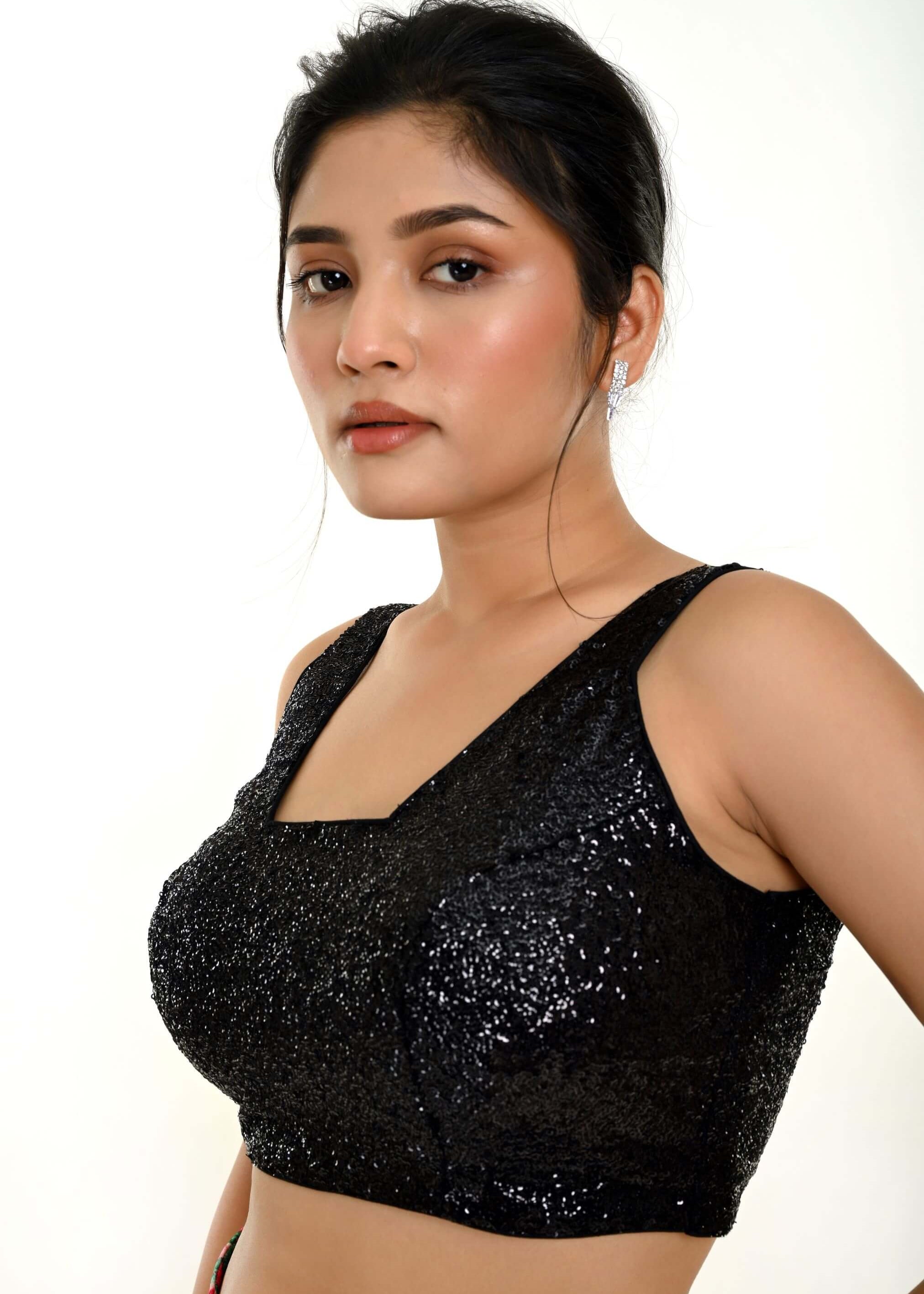 Black Sequin Sleeveless Blouse with Scoop Neckline - Anvi Couture