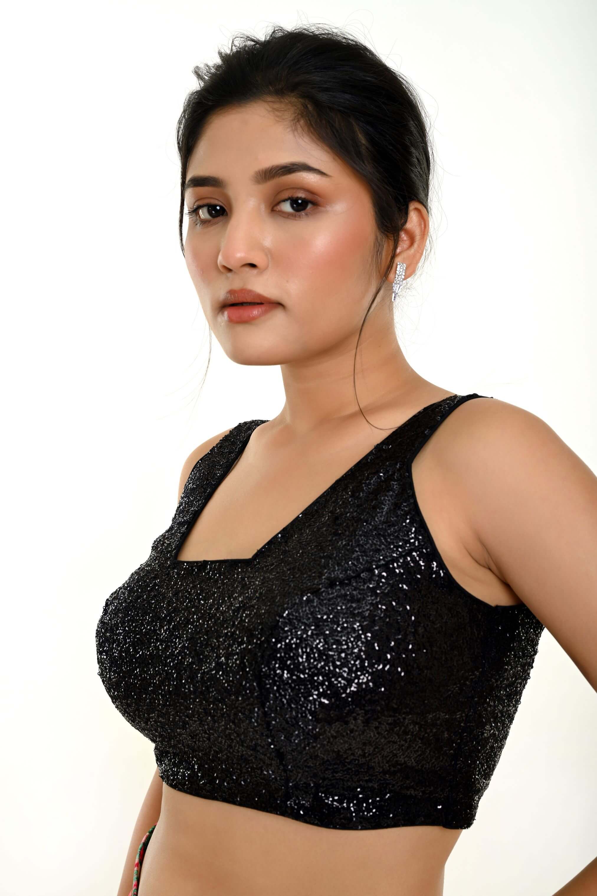 Black Sequin Sleeveless Blouse with Scoop Neckline - Anvi Couture