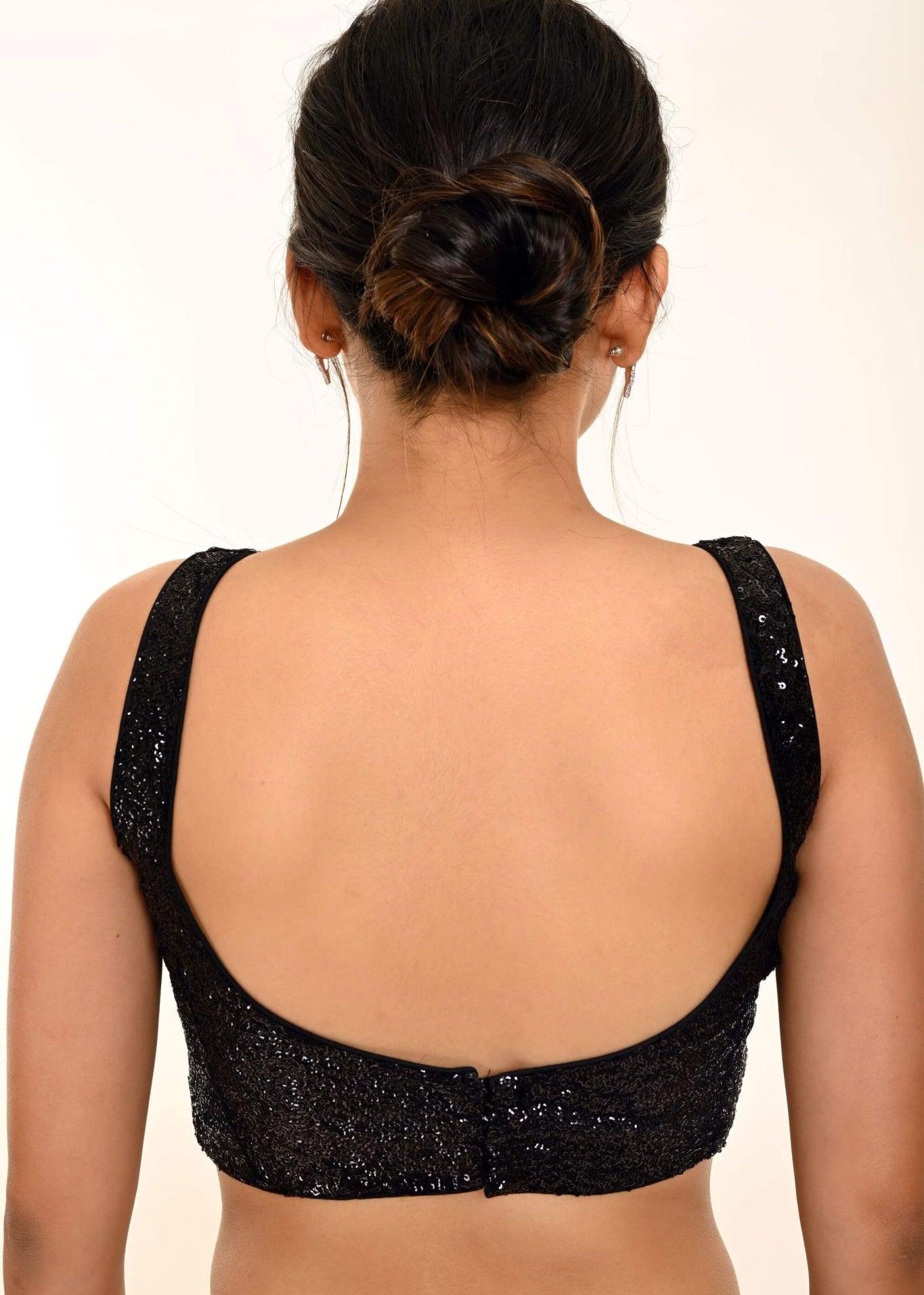 Black Sequin Sleeveless Blouse with Scoop Neckline - Anvi Couture