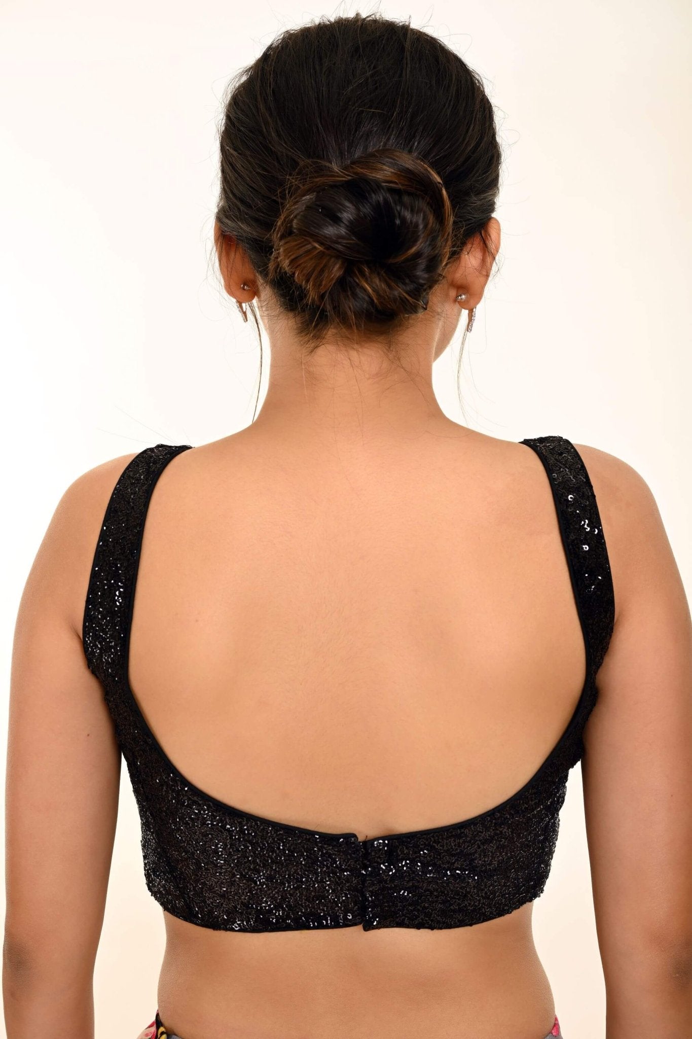 Black Sequin Sleeveless Blouse with Scoop Neckline - Anvi Couture