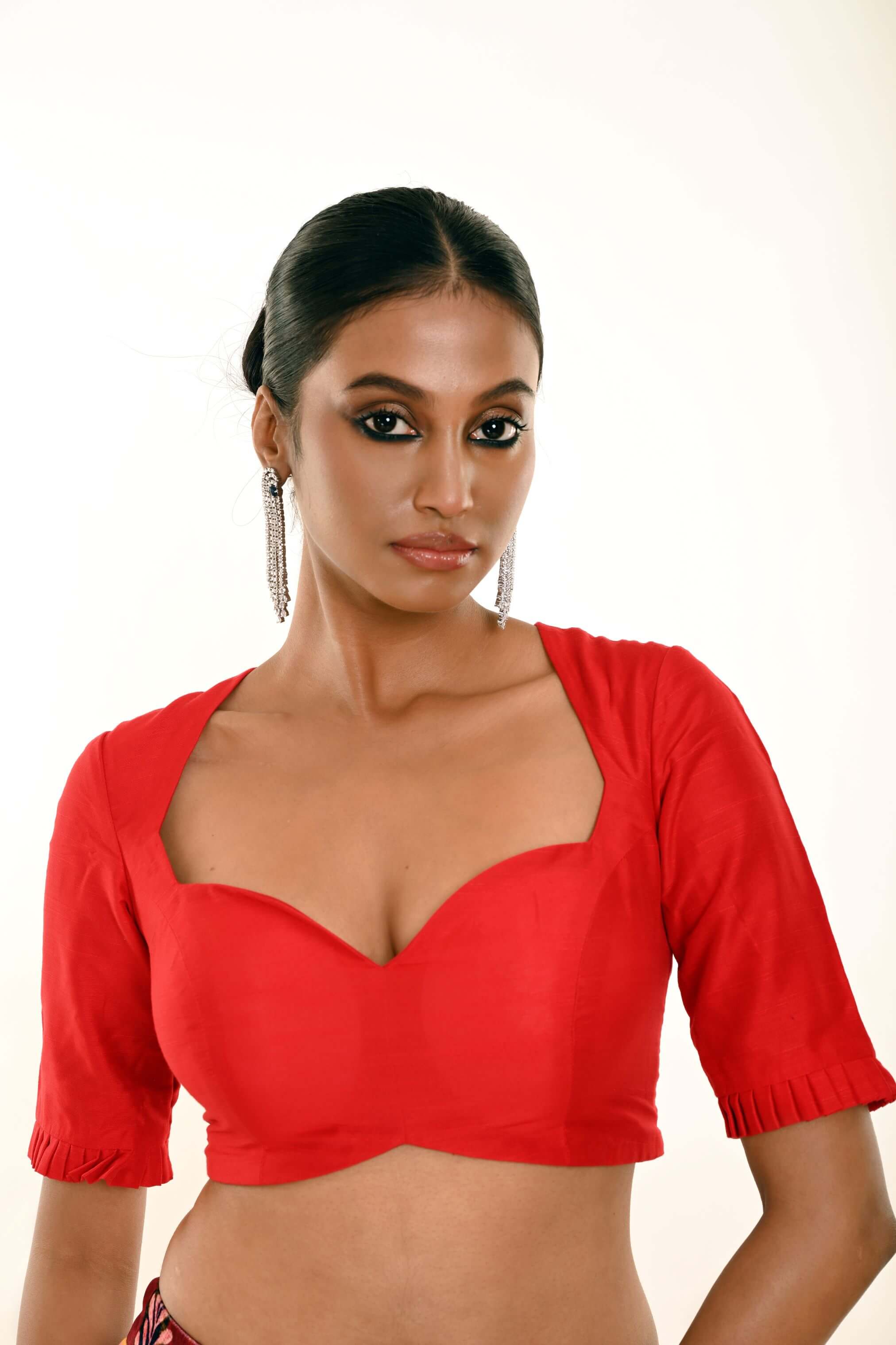 Red Half Sleeves Blouse in Sweetheart Neckline With Round Back Closer - Anvi Couture