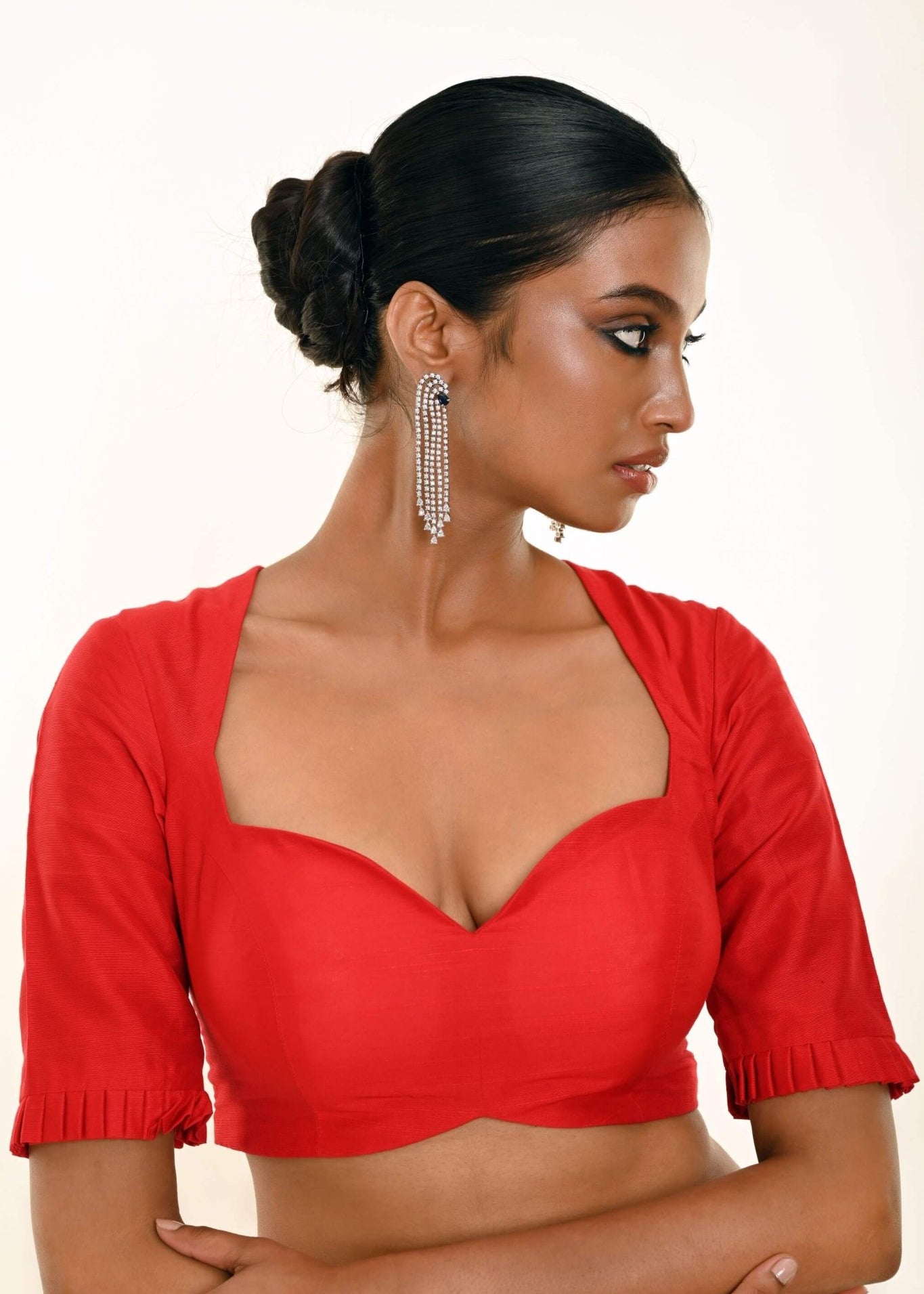 Red Half Sleeves Blouse in Sweetheart Neckline With Round Back Closer - Anvi Couture