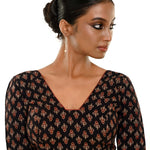 Black Half - Sleeves Blouse in Cotton Ajrakh Print - Anvi Couture