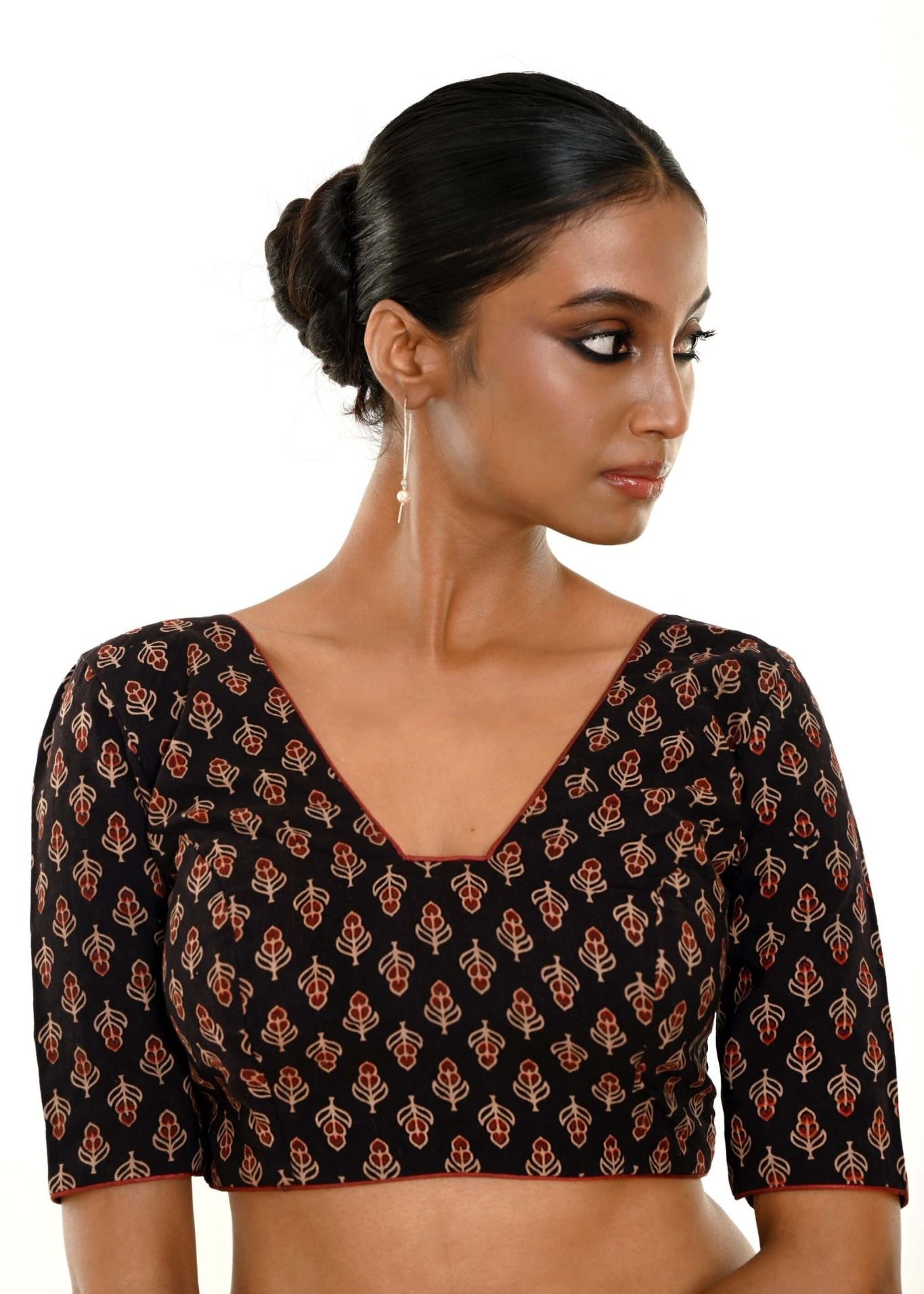 Black Half - Sleeves Blouse in Cotton Ajrakh Print - Anvi Couture