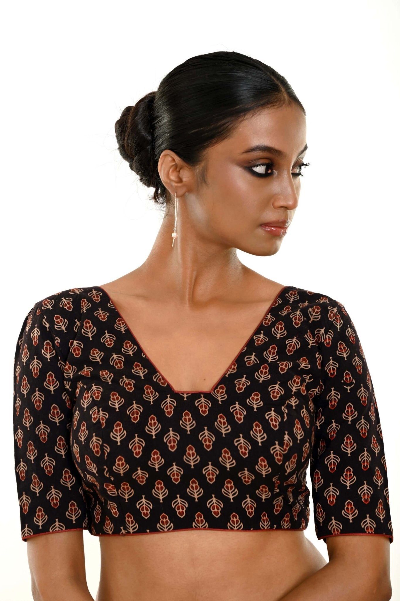 Black Half - Sleeves Blouse in Cotton Ajrakh Print - Anvi Couture