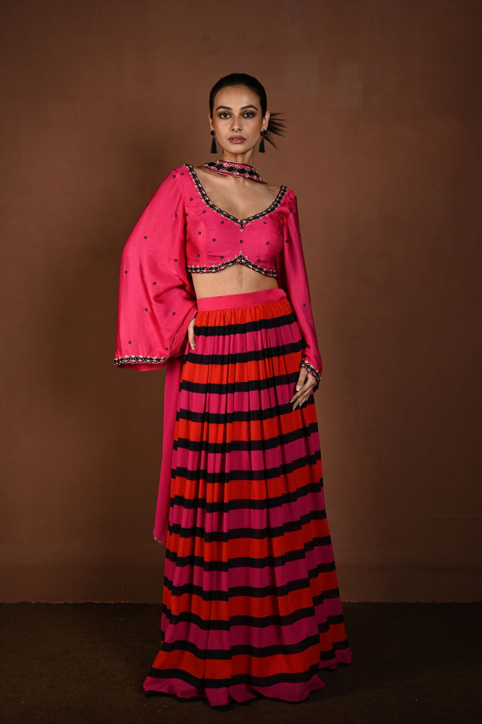 Red and Pink Striped Lehenga with Hand Embroidered Bell Sleeve Choli and Choker Dupatta