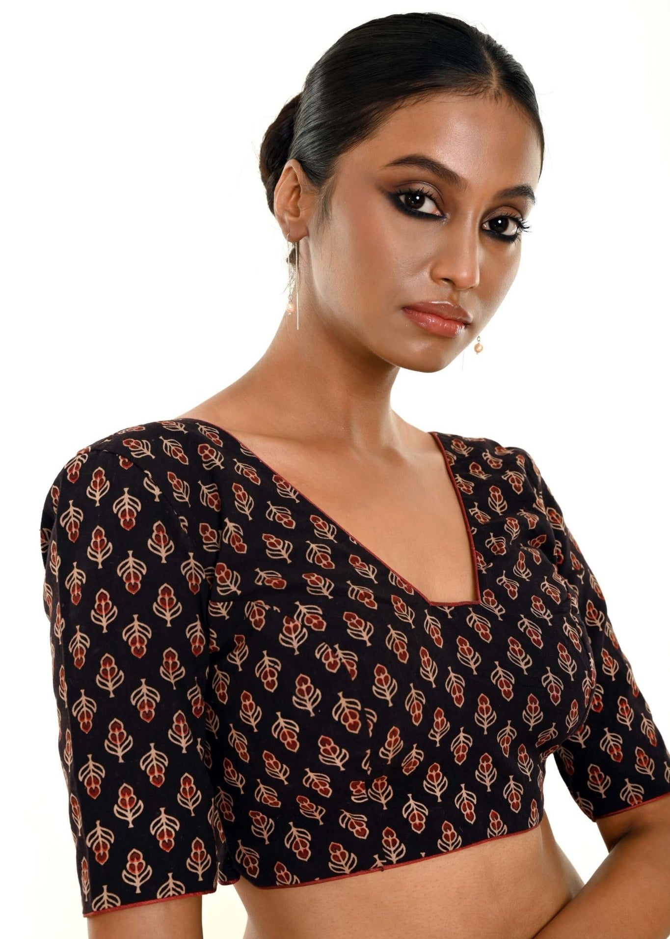 Black Half - Sleeves Blouse in Cotton Ajrakh Print - Anvi Couture