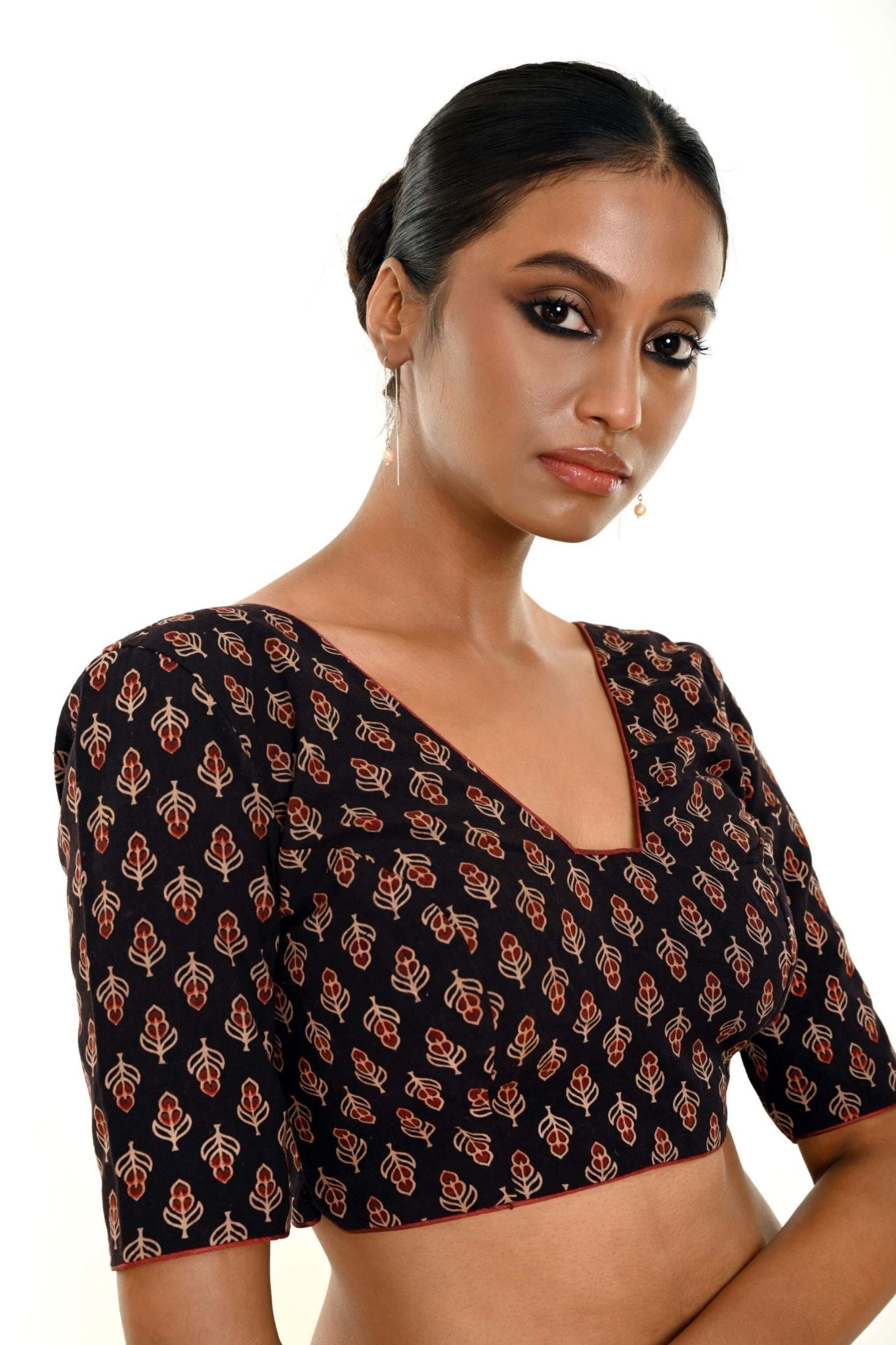 Black Half - Sleeves Blouse in Cotton Ajrakh Print - Anvi Couture