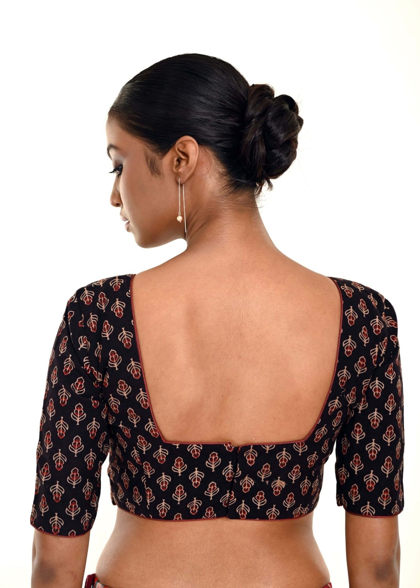 Black Half - Sleeves Blouse in Cotton Ajrakh Print - Anvi Couture