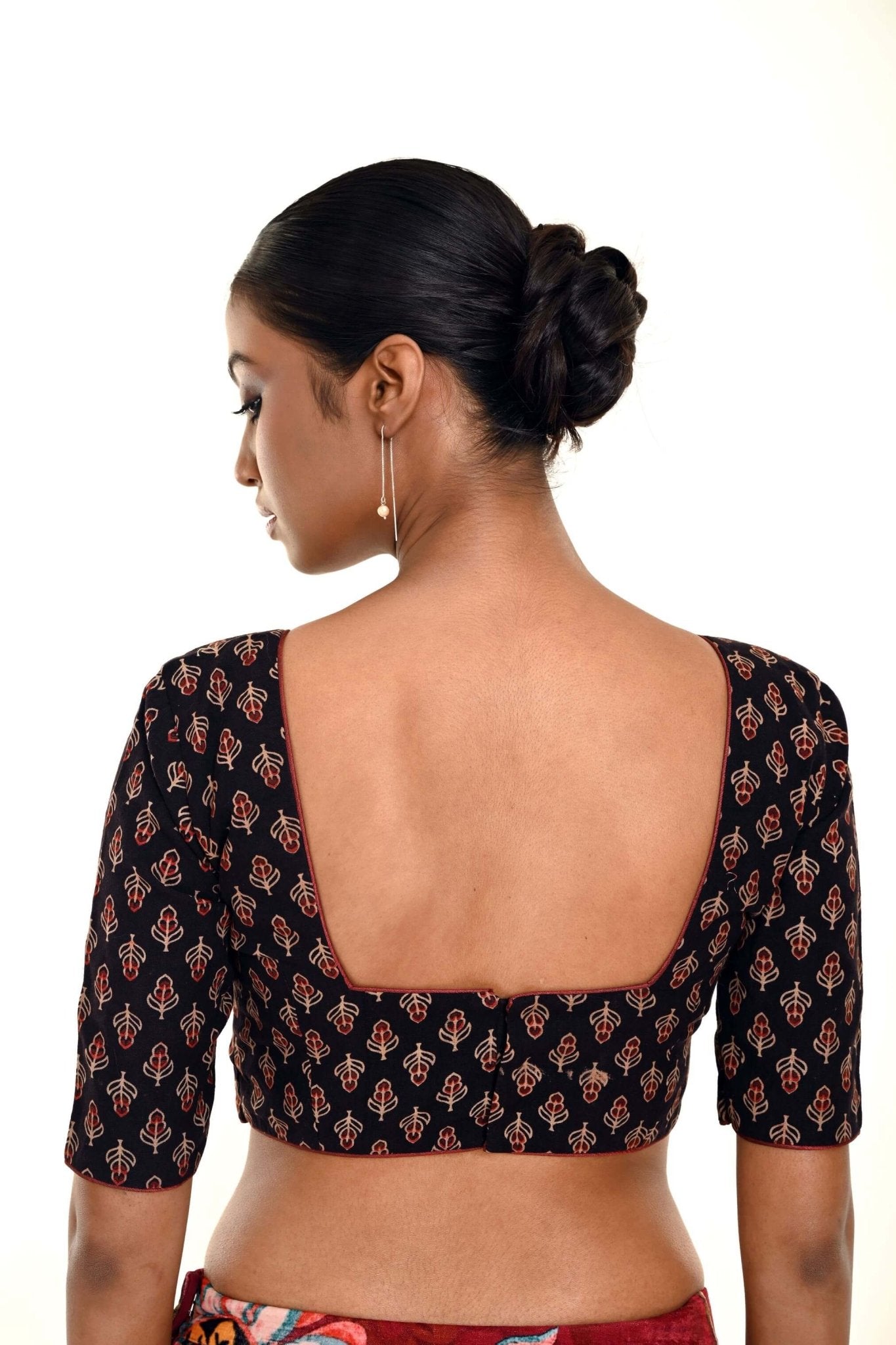 Black Half - Sleeves Blouse in Cotton Ajrakh Print - Anvi Couture