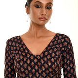 Black Half - Sleeves Blouse in Cotton Ajrakh Print - Anvi Couture