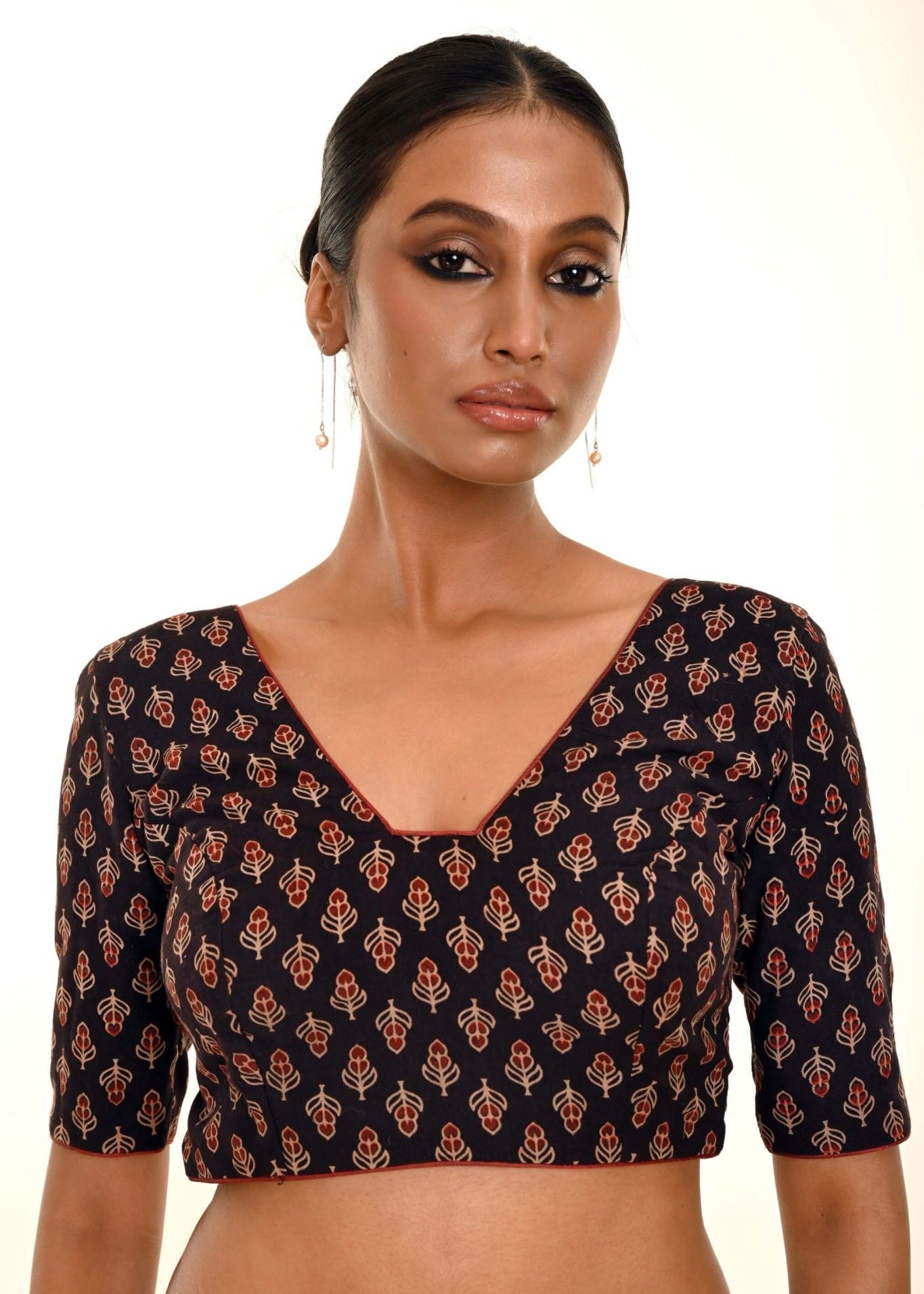 Black Half - Sleeves Blouse in Cotton Ajrakh Print - Anvi Couture