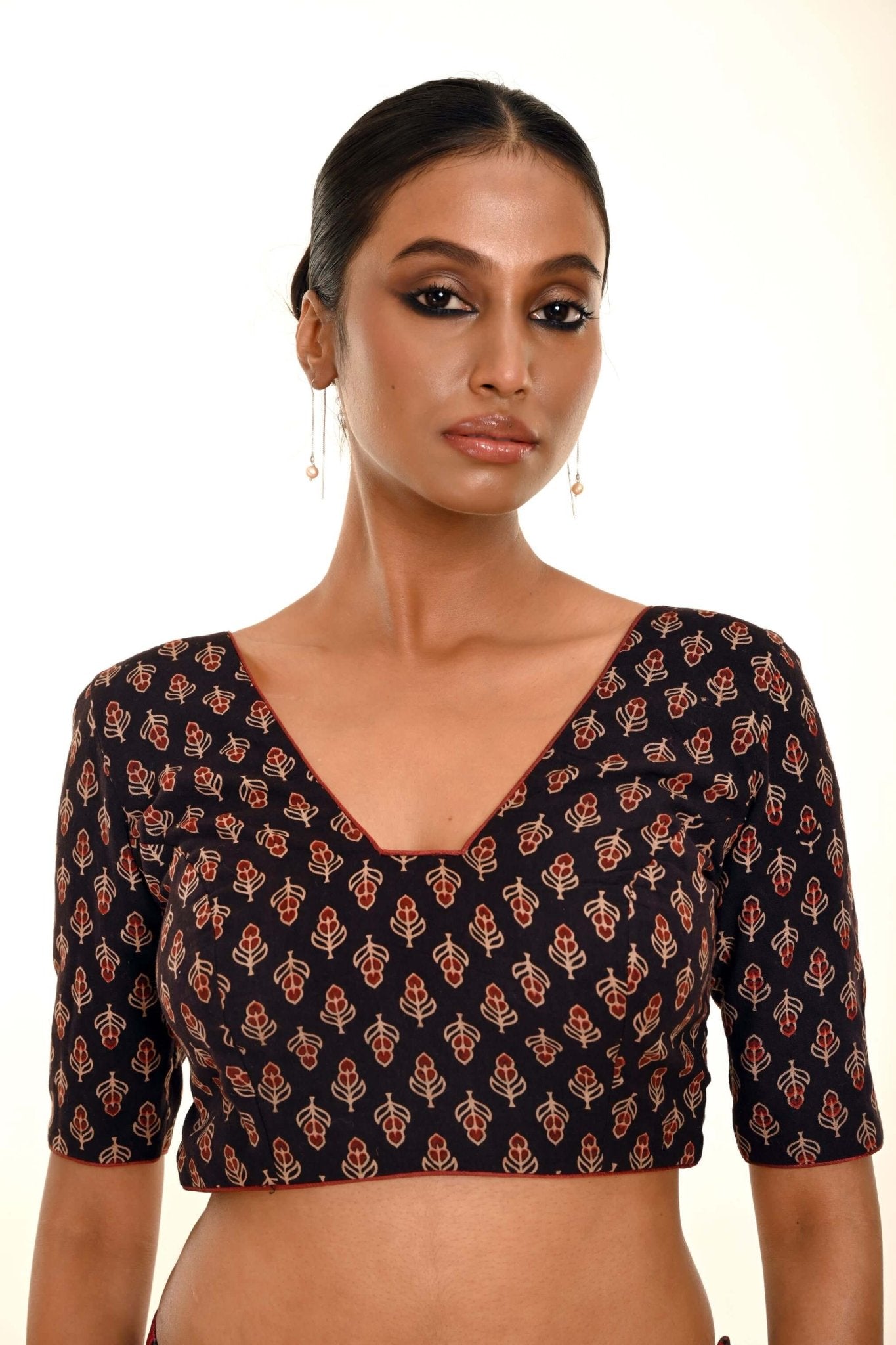 Black Half - Sleeves Blouse in Cotton Ajrakh Print - Anvi Couture