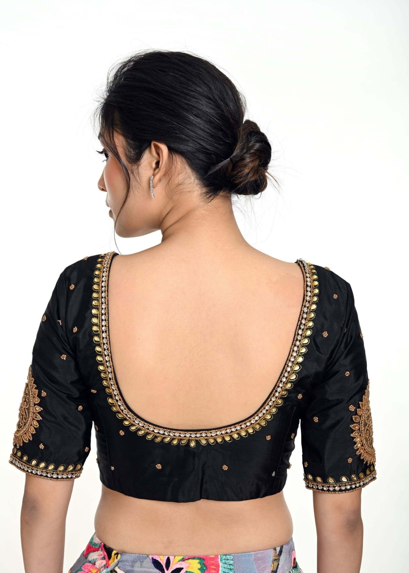 Black Aari Work Silk Blouse with U Neckline - Anvi Couture