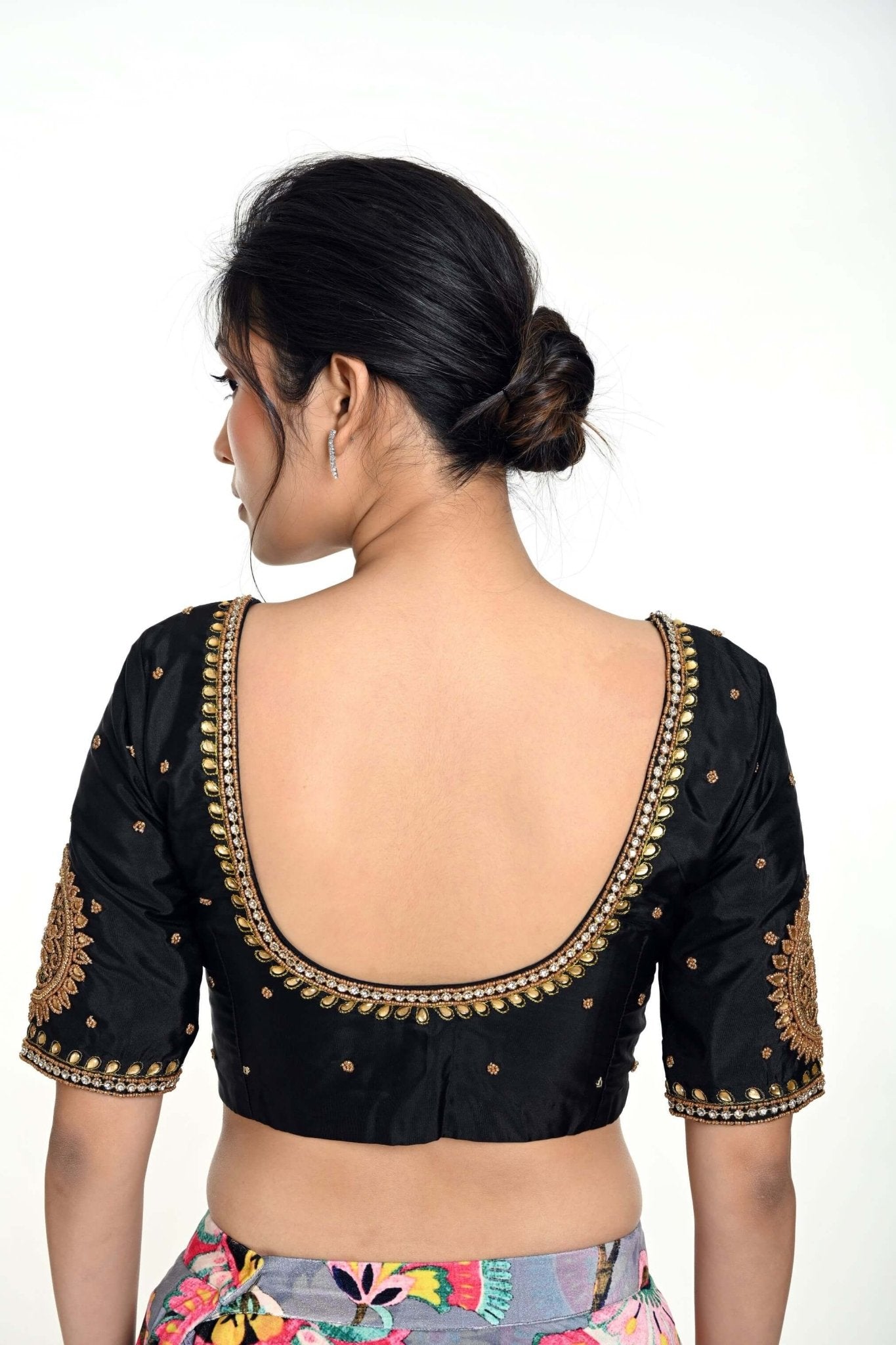 Black Aari Work Silk Blouse with U Neckline - Anvi Couture