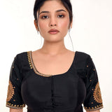 Black Aari Work Silk Blouse with U Neckline - Anvi Couture