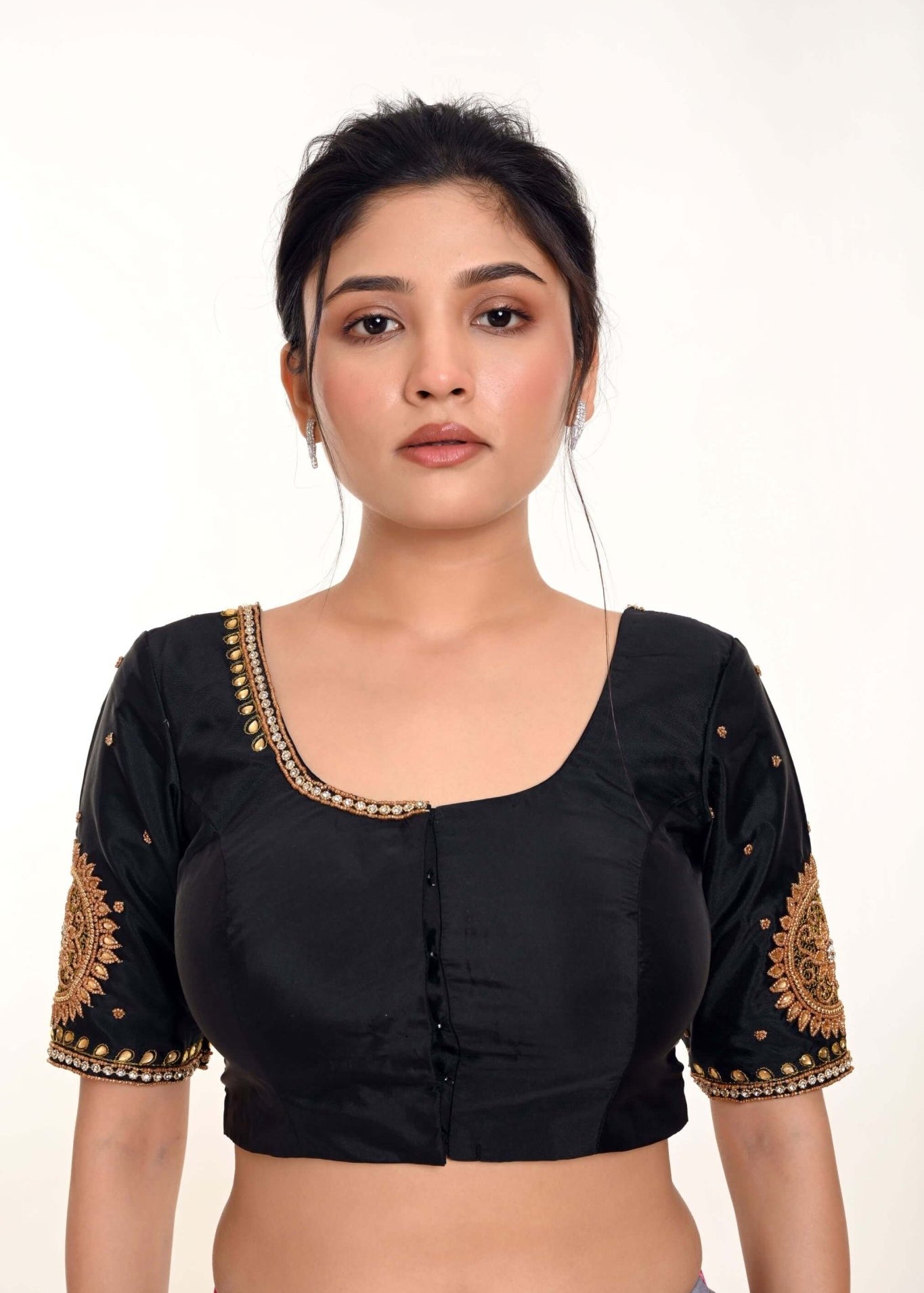 Black Aari Work Silk Blouse with U Neckline - Anvi Couture