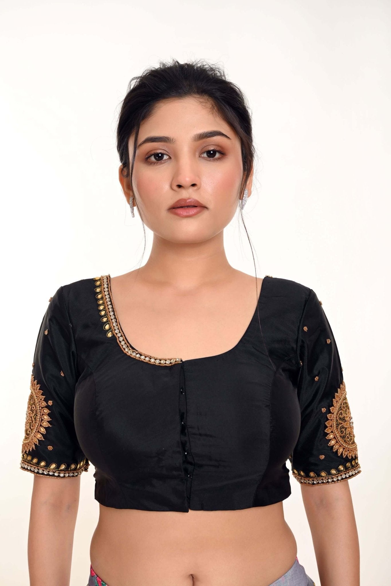 Black Aari Work Silk Blouse with U Neckline - Anvi Couture