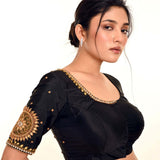 Black Aari Work Silk Blouse with U Neckline - Anvi Couture