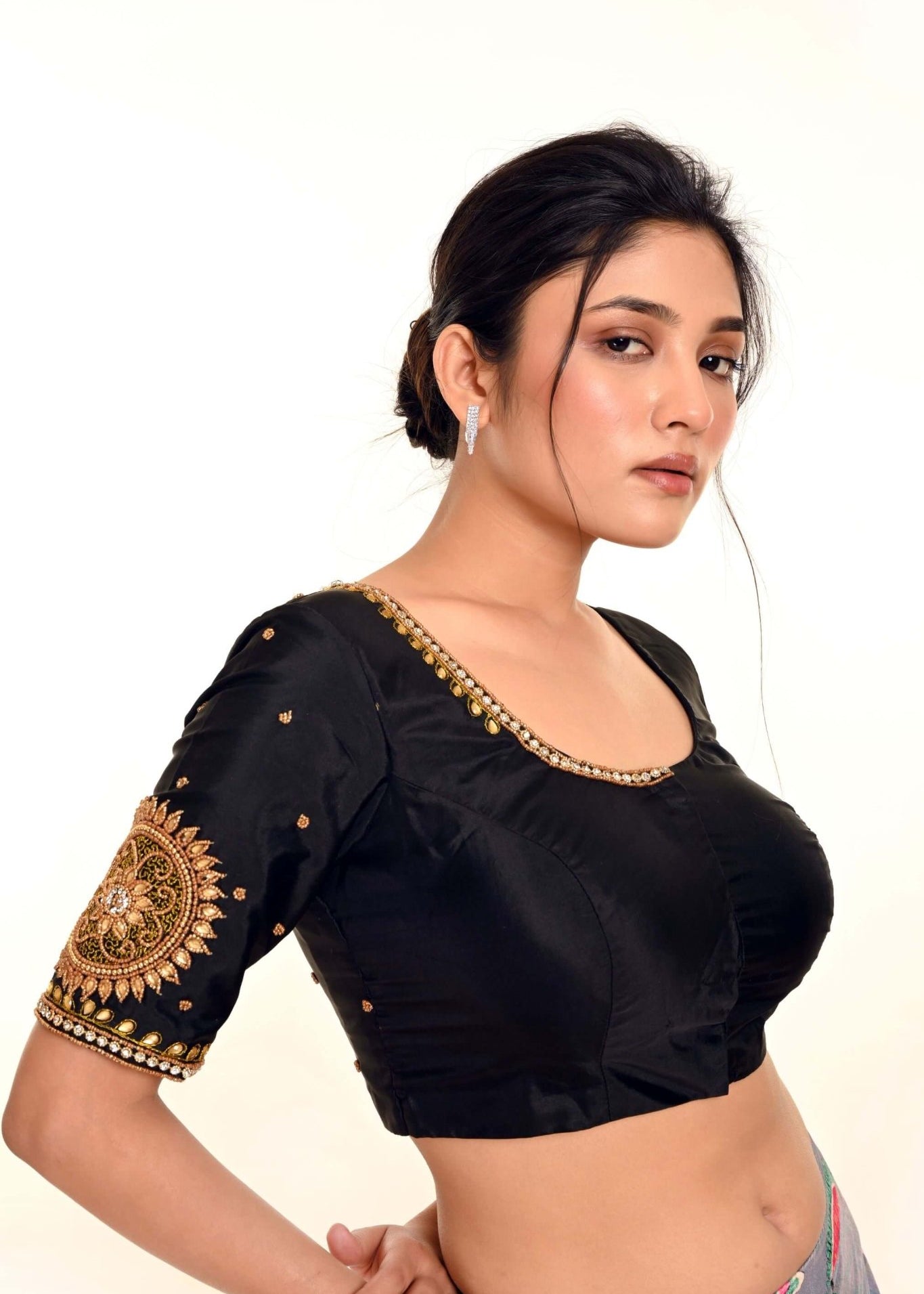 Black Aari Work Silk Blouse with U Neckline - Anvi Couture