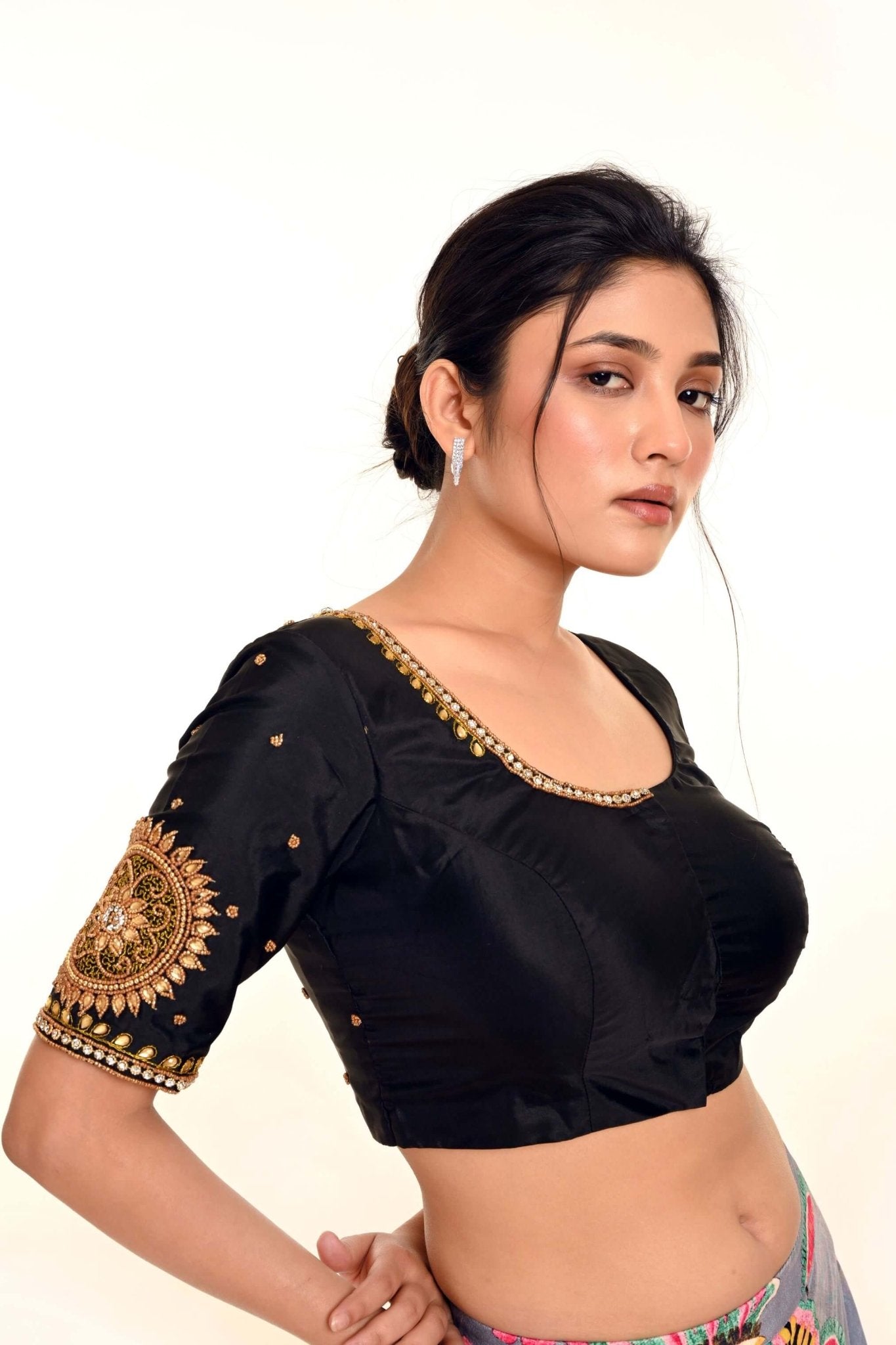 Black Aari Work Silk Blouse with U Neckline - Anvi Couture