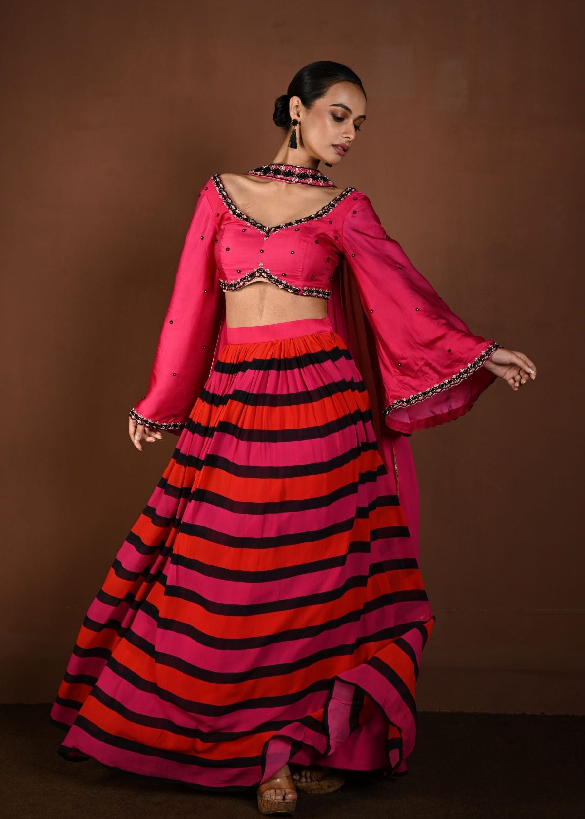 Red and Pink Striped Lehenga with Hand Embroidered Bell Sleeve Choli and Choker Dupatta - Anvi Couture