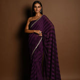 Dark Purple Self-Striped Georgette Saree with Cutdana and Swarovski Embroidery Border - Anvi Couture