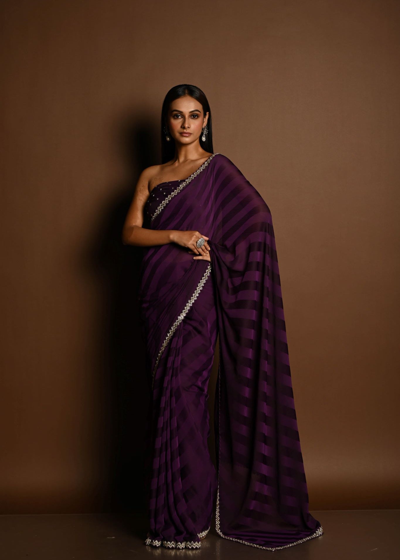 Dark Purple Self-Striped Georgette Saree with Cutdana and Swarovski Embroidery Border - Image 1