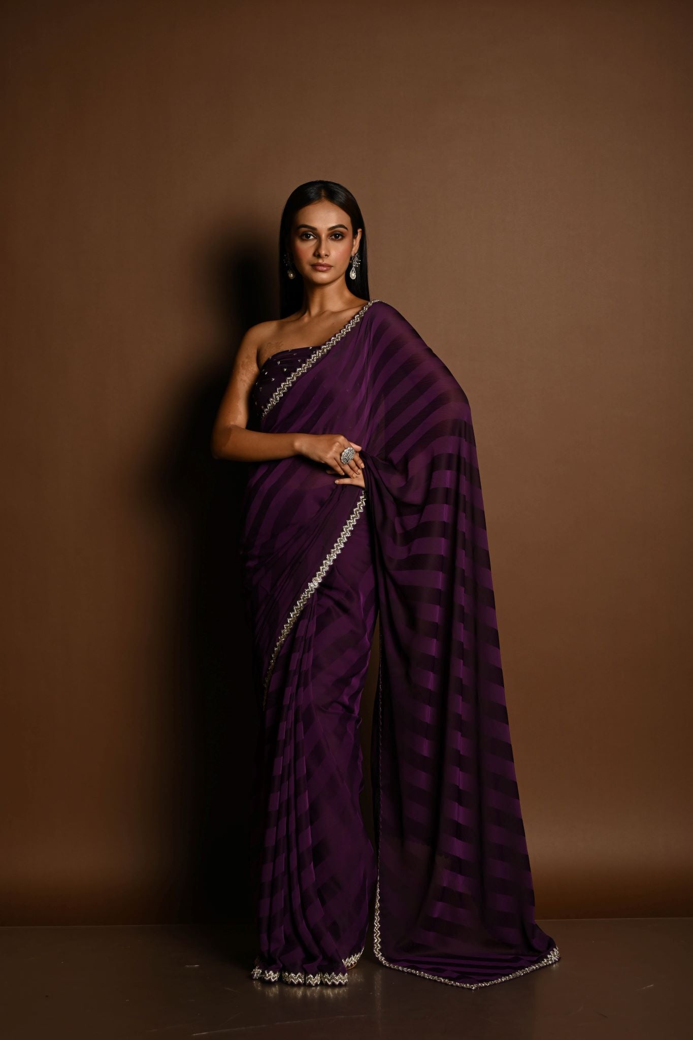 Dark Purple Self-Striped Georgette Saree with Cutdana and Swarovski Embroidery Border - Anvi Couture