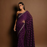 Dark Purple Self-Striped Georgette Saree with Cutdana and Swarovski Embroidery Border - Image 2