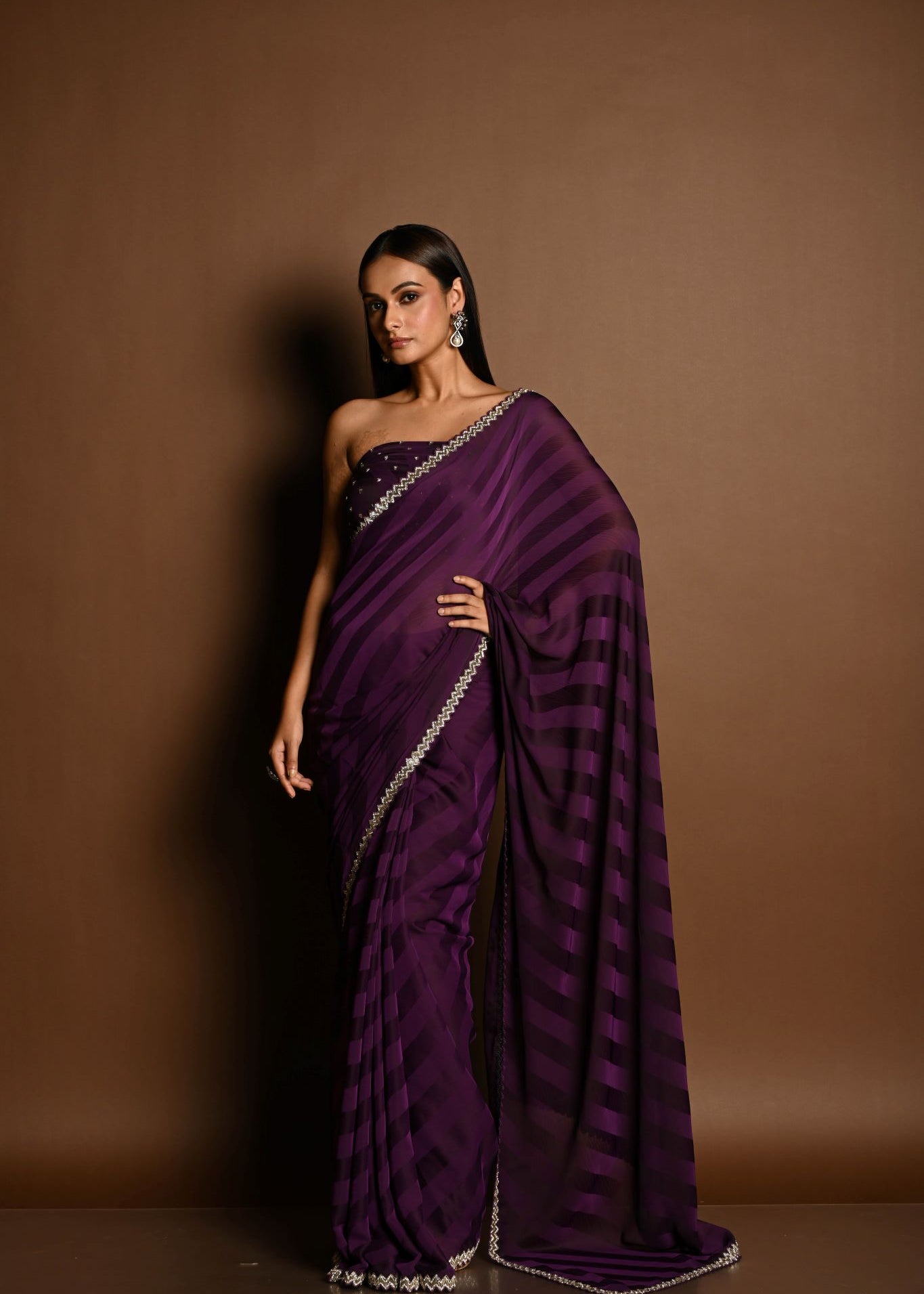 Dark Purple Self-Striped Georgette Saree with Cutdana and Swarovski Embroidery Border - Image 2