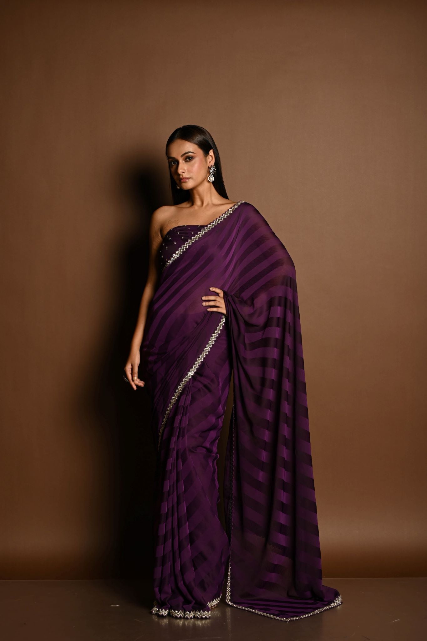 Dark Purple Self-Striped Georgette Saree with Cutdana and Swarovski Embroidery Border - Image 2