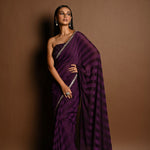 Dark Purple Self-Striped Georgette Saree with Cutdana and Swarovski Embroidery Border - Anvi Couture