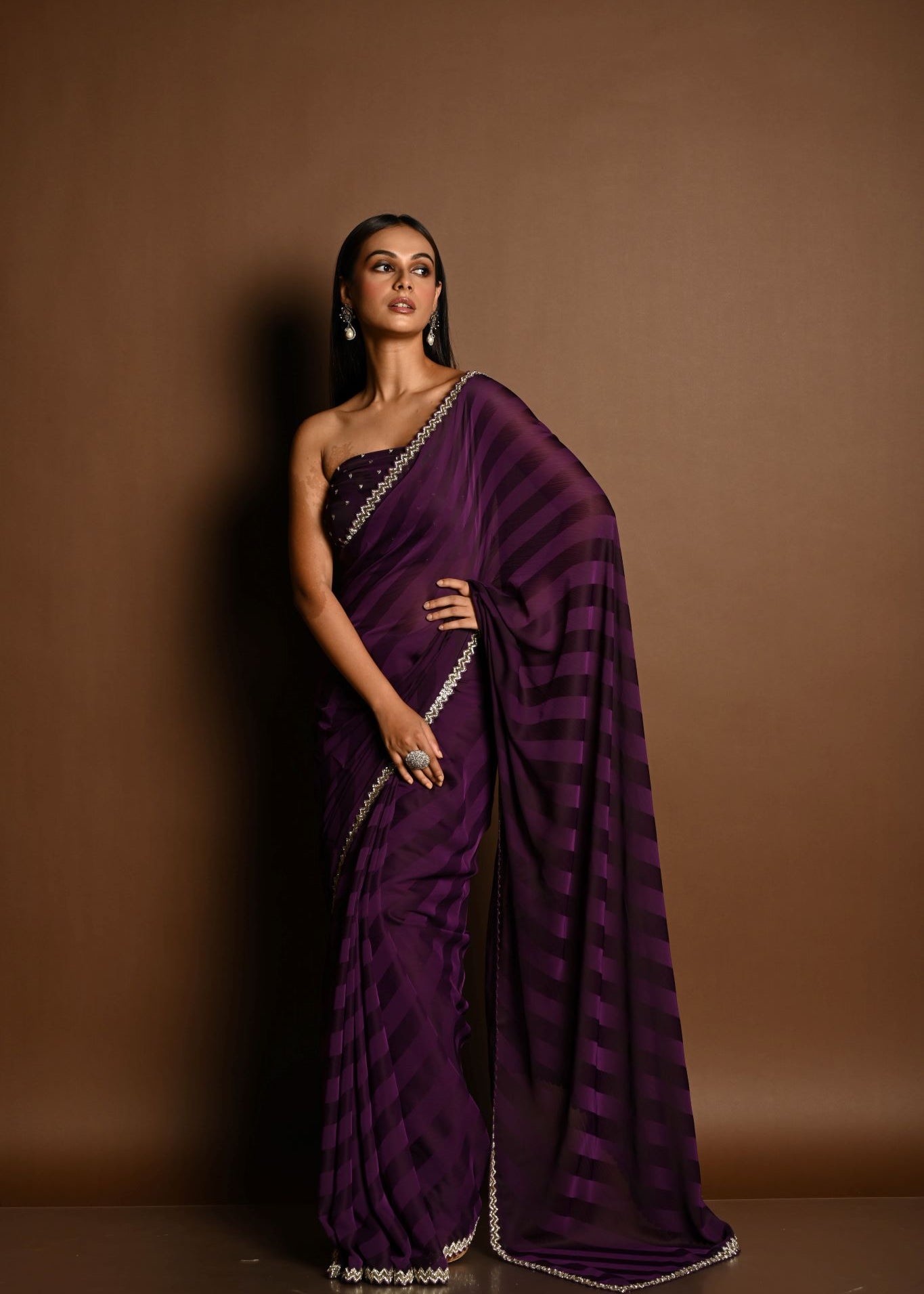 Dark Purple Self-Striped Georgette Saree with Cutdana and Swarovski Embroidery Border - Image 3